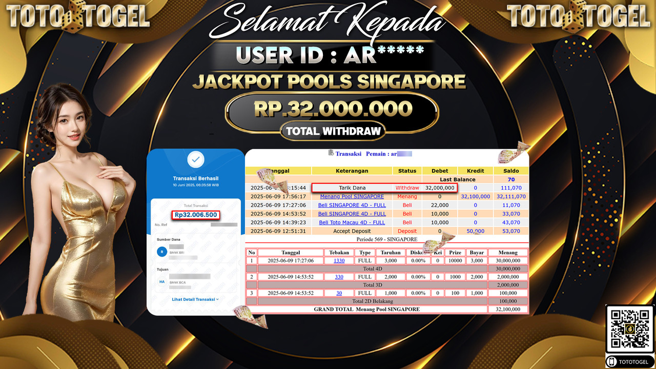 Bukti Pembayaran Jackpot Permainan Togel Pools Singapore ID:AR***** LUNAS