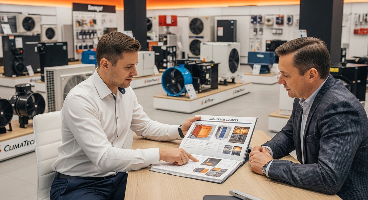 Консультация специалиста по выбору экономичной тепловой пушки для бизнеса в магазине климатического оборудования