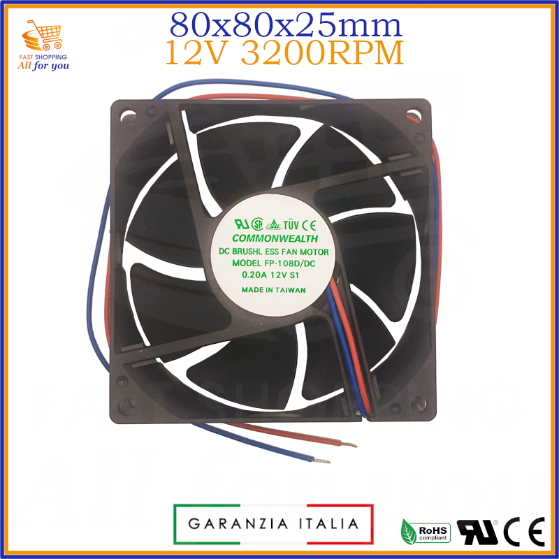 Ventola di raffreddamento 12V volt 80x80x25 da pc 80mm assiale su bronzine 2 pin fili ventilatore silenziosa