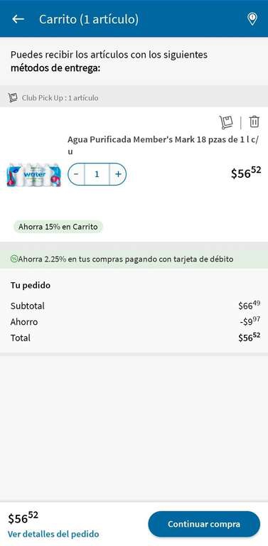 Sam's club - Agua purificada member's mark 18 pzas 1L | Agregando al carrito 

