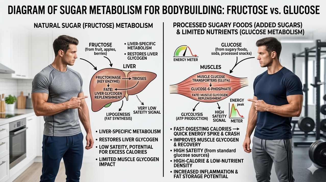 Diagram showing fructose metabolism in liver vs glucose in muscles for is fruit good for bodybuilding natural sugar vs processed