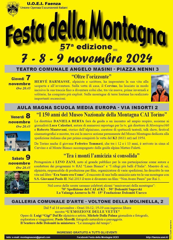 57esima edizione della Festa della Montagna U.O.E.I., a Faenza (Ra) dal 7 al 9 novembre 2024