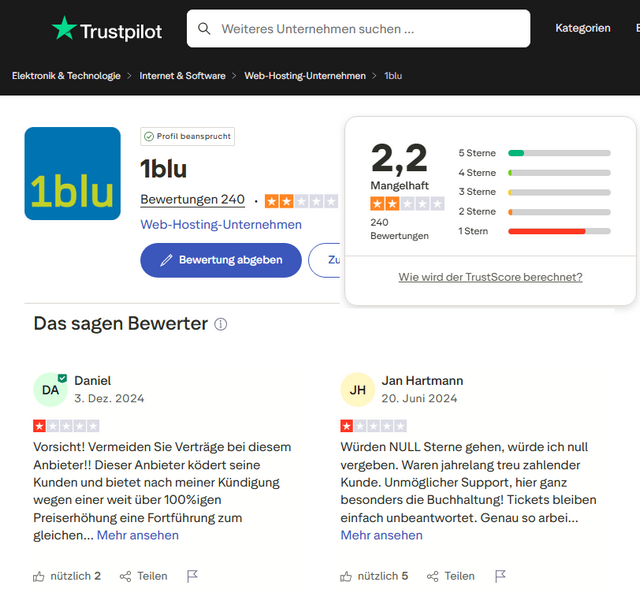 1blu-Bewertung auf TrustPilot