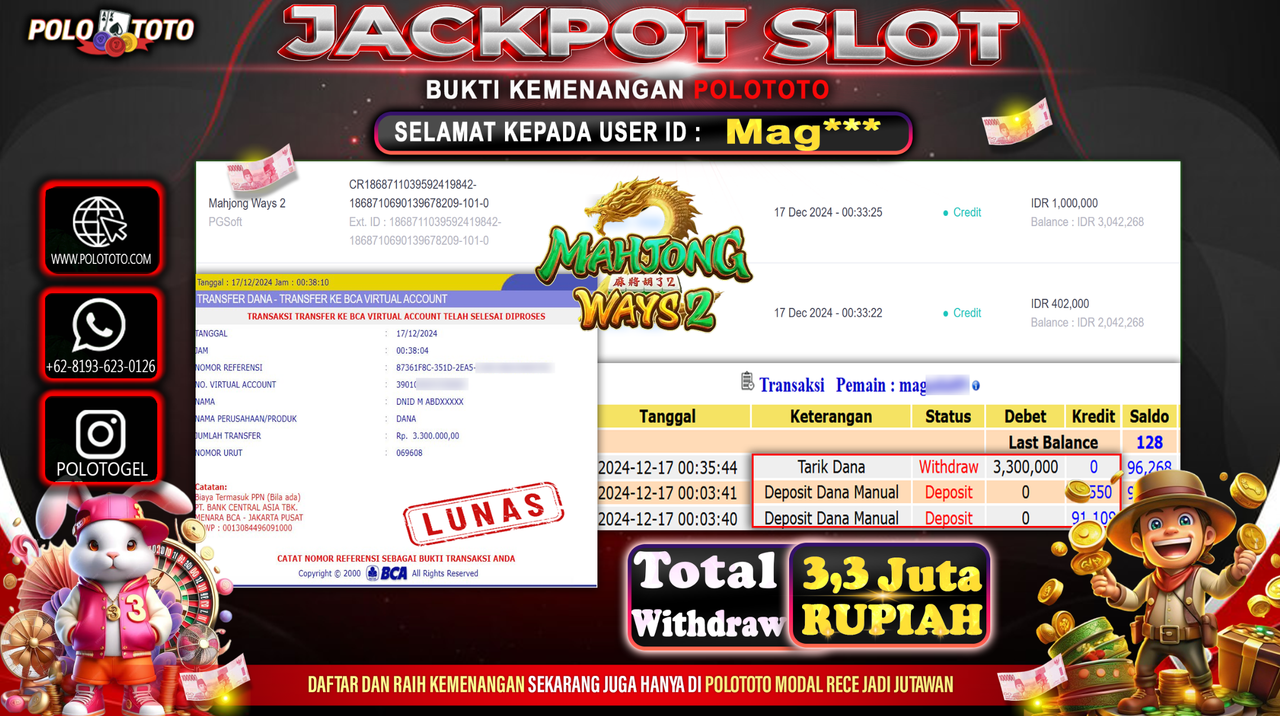 POLOTOTO JACKPOT SLOT MAHJONG WAYS 2 Rp.3,300.000,-