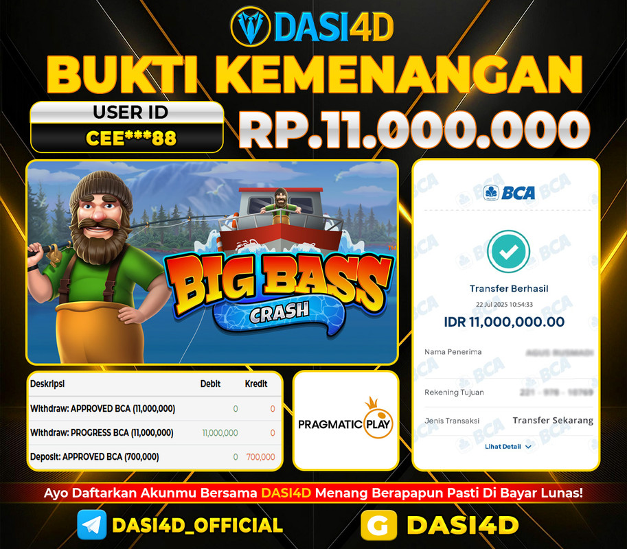 BUKTI KEMENANGAN 22 JULI 2025 DI BOG BASS CRASH RP 11.000.000