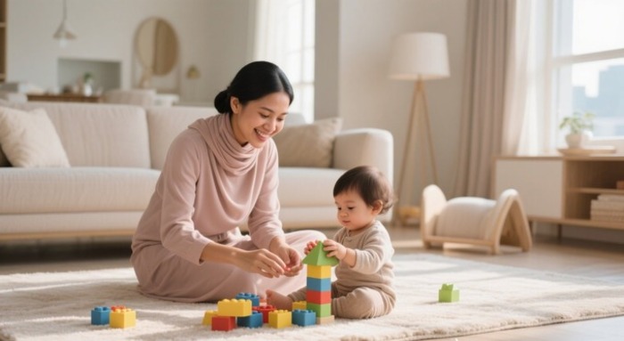 Filipina nanny playing with a child