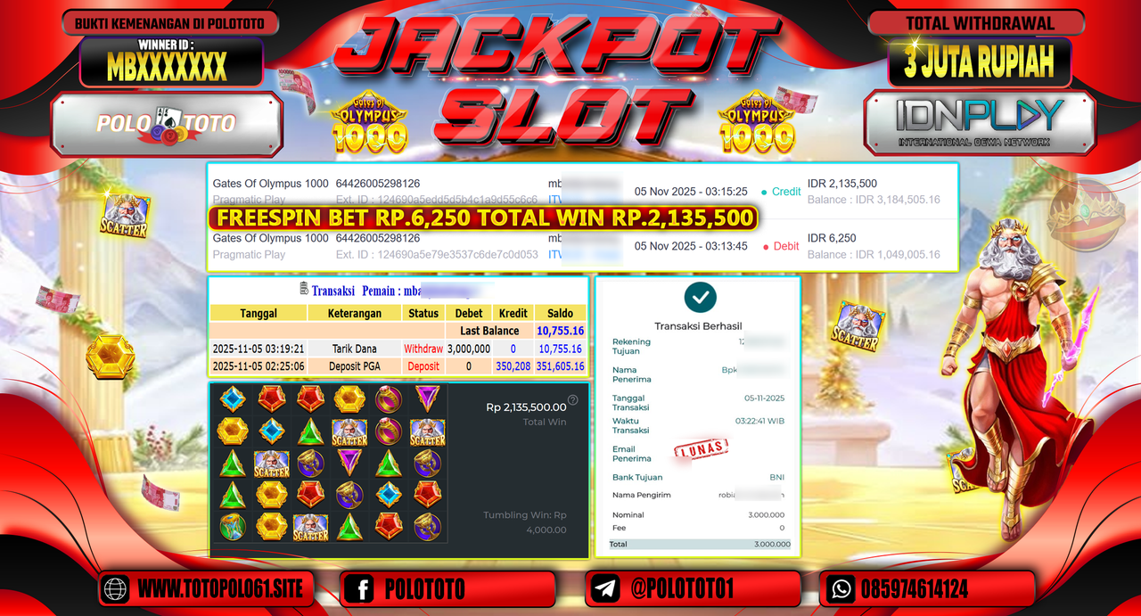 POLOTOTO JACKPOT SLOT GATES OF OLYMPUS 1000 Rp.3.000.000,- LUNAS