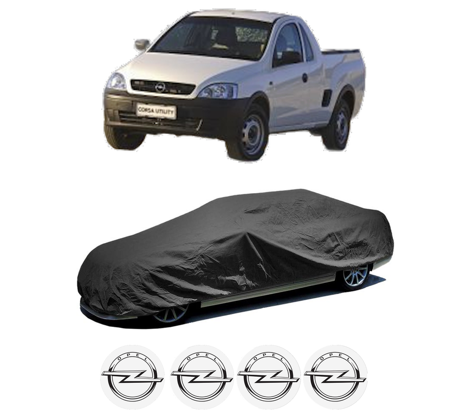 Husa tip prelata auto pentru OPEL CORSA UTILITY C Pickup din 2005-2010, Culoare Negru, material textil impermeabil, rezistanta la intemperii praf UV, CARPASSION Husa Protectie, 4 Stickere auto cu OPEL