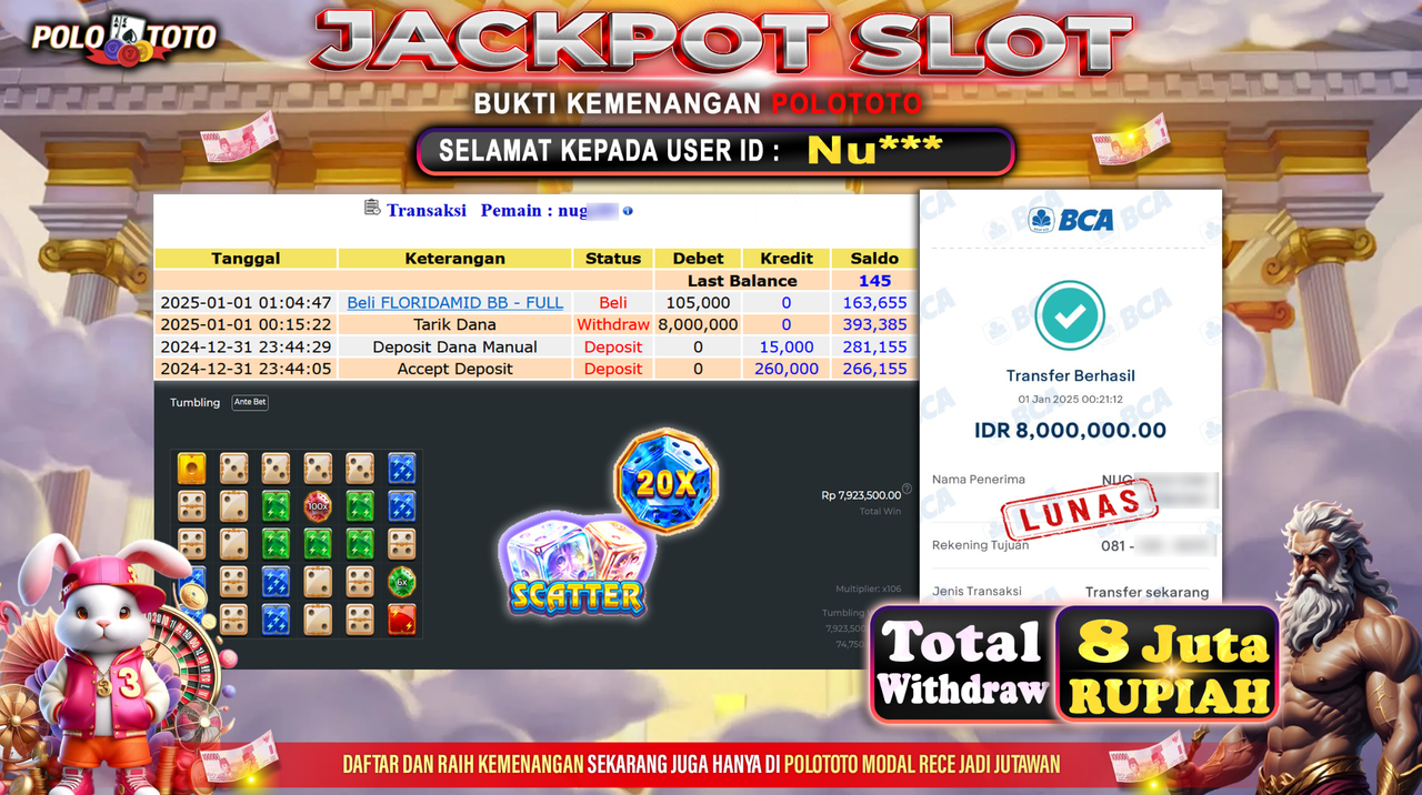 POLOTOTO JACKPOT SLOT GATES OF OLYMPUS DICE Rp.8,000.000,-