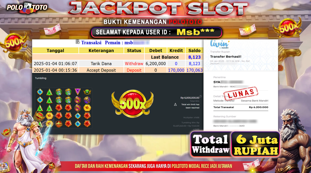 POLOTOTO JACKPOT SLOT GATES OF OLYMPUS Rp.6,200.000,-