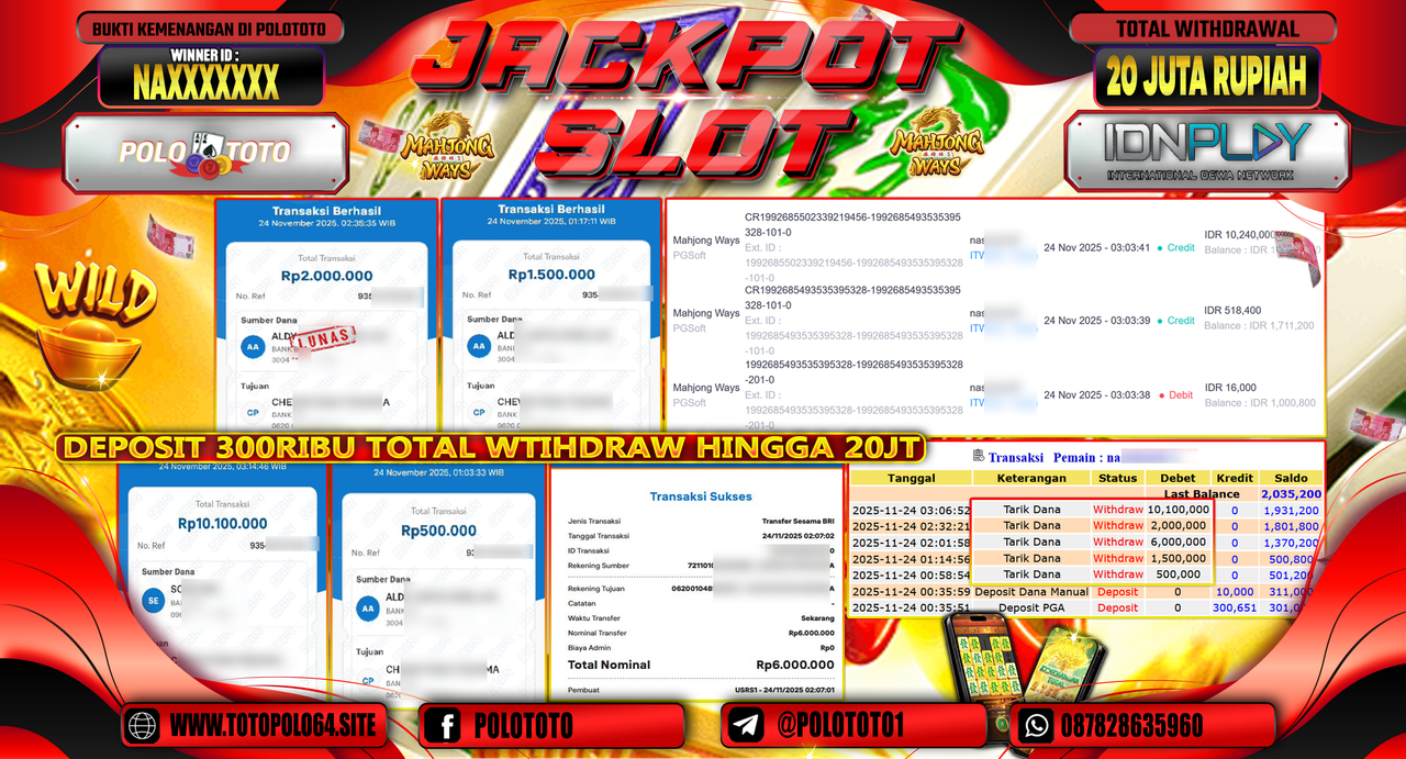 POLOTOTO JACKPOT SLOT MAHJONG WAYS Rp.20.000.000,- LUNAS
