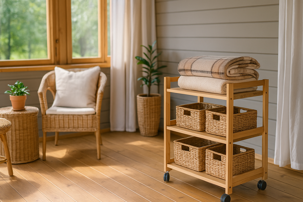 mobilnyy-stellazh-na-kolyosah-s-pledami-i-korzinami-v-uyutnoy-verande