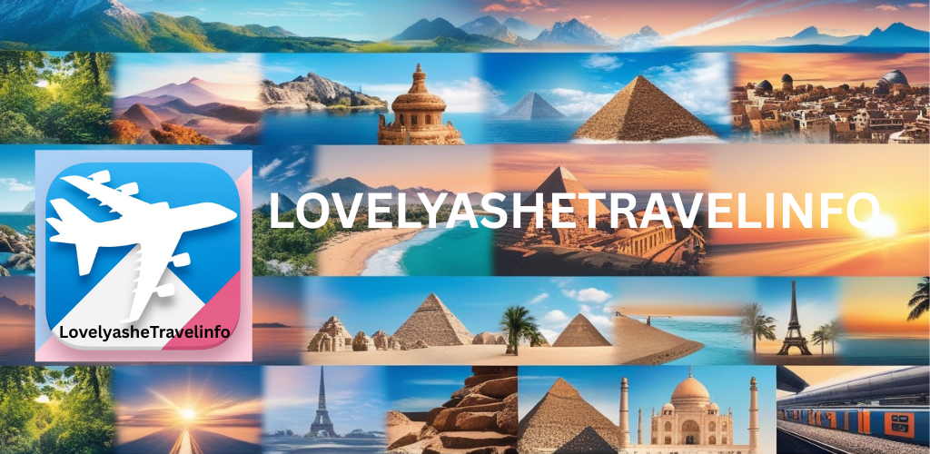 A collage of travel images including a plane wing and a tropical beach, with the text 'Lovely Ashe Travel Info'