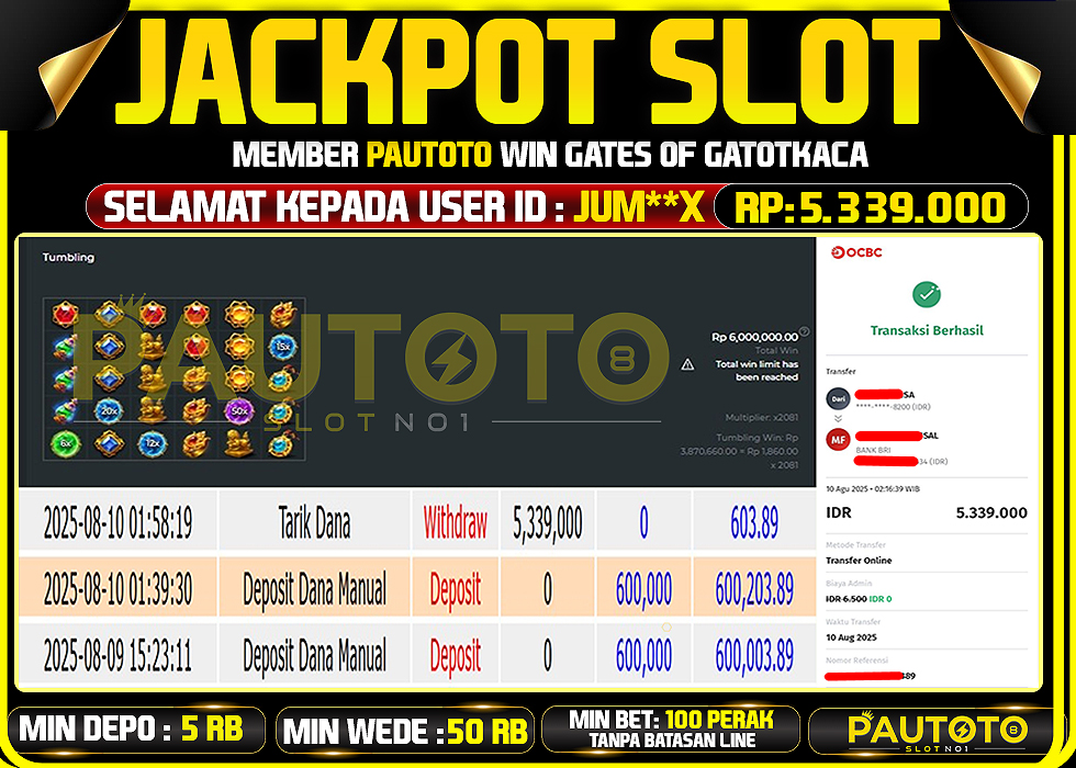 BUKTI PEMBAYARAN TGL 10 AGUSTUS 2025 MENANG DI PERMAINAN GATOT KACA TOTAL WD 5,3 JUTAAN