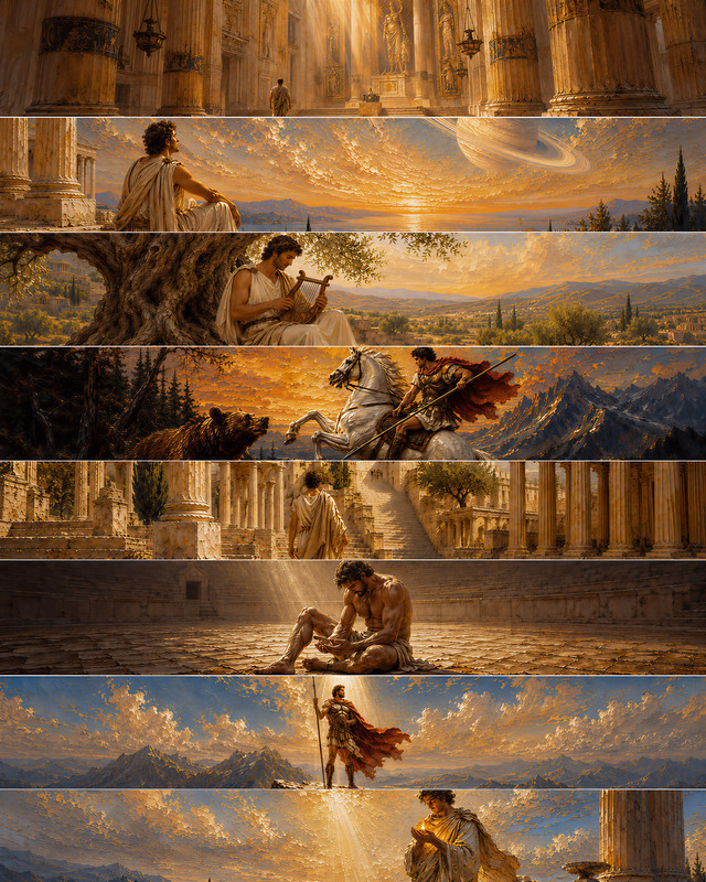 Partially concealed previews of the eight Echoes of Olympus artworks