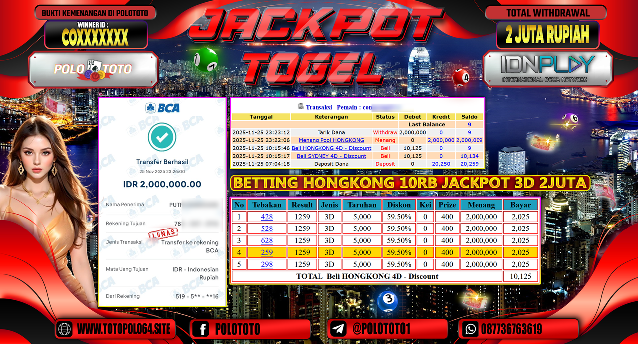 POLOTOTO JACKPOT TOGEL MENANG HONGKONG LOTTO Rp.2.000.000,- LUNAS