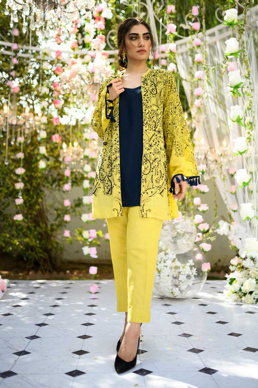 Yellow ladies coat with blue shirt and yellow pants for formal Iftar look