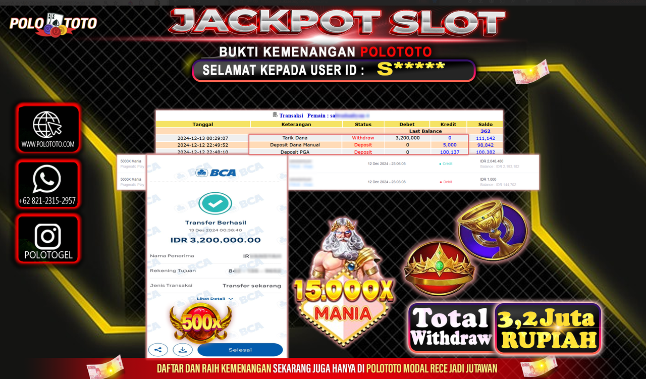 POLOTOTO JACKPOT SLOT 15.000x MANIA Rp.3,200.000,-
