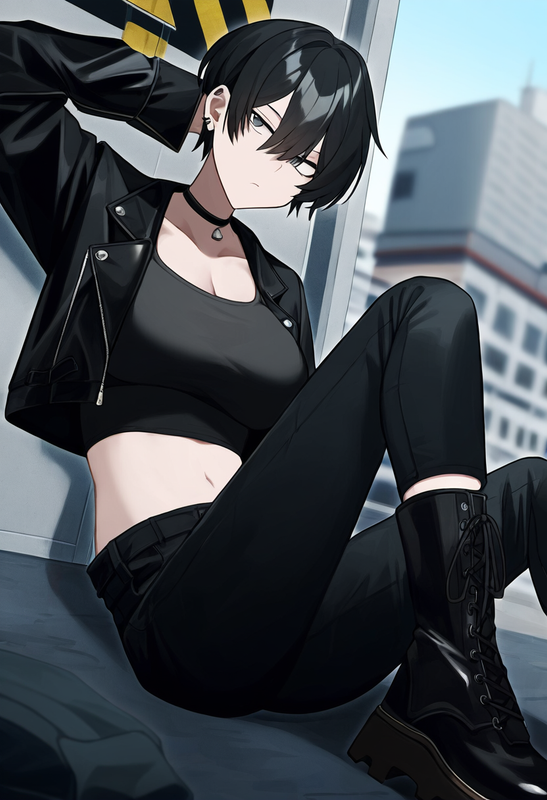 depth of field, 1girl, [[tall]], large breasts, short hair, black hair, black le s-1990034955