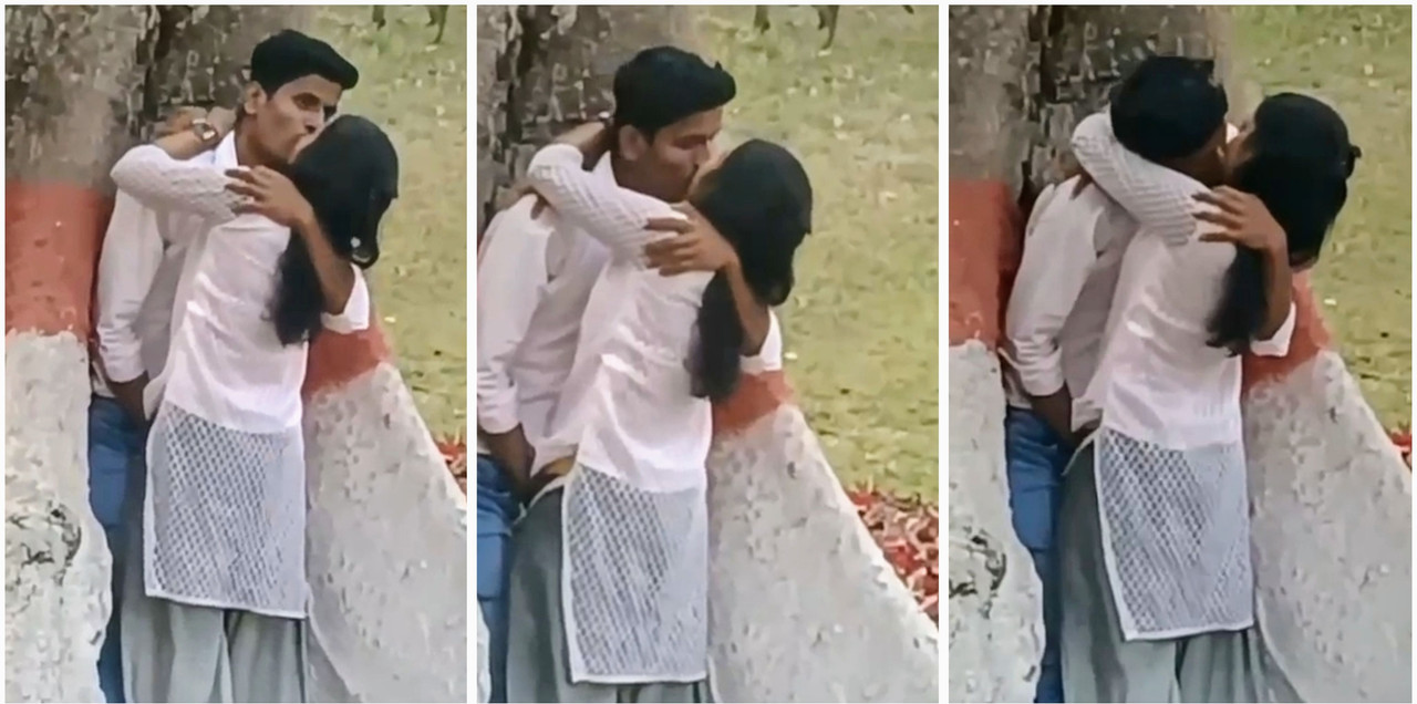 Desi college Couple kissing in park romantic kiss