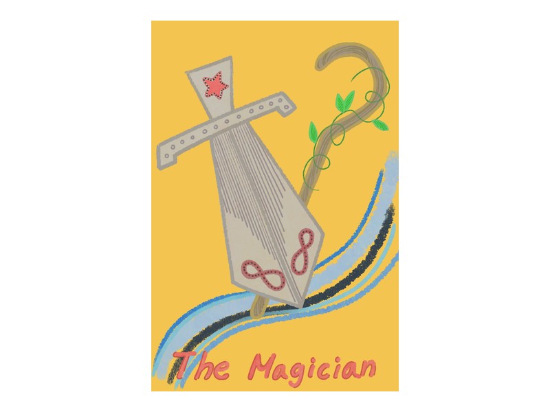 The Magician — 왼쪽의 칼과 오른쪽의 지팡이, 칼날의 붉은 ∞(무한기호), 작은 별 장식, 따뜻한 노란 배경