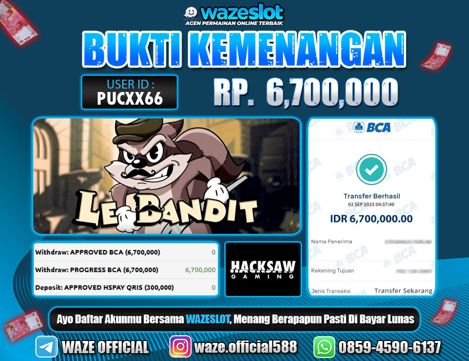BUKTI KEMENANGAN 02 SEPTEMBER 2025 GAME LE BANDIT ( HACKSAW GAMING) 