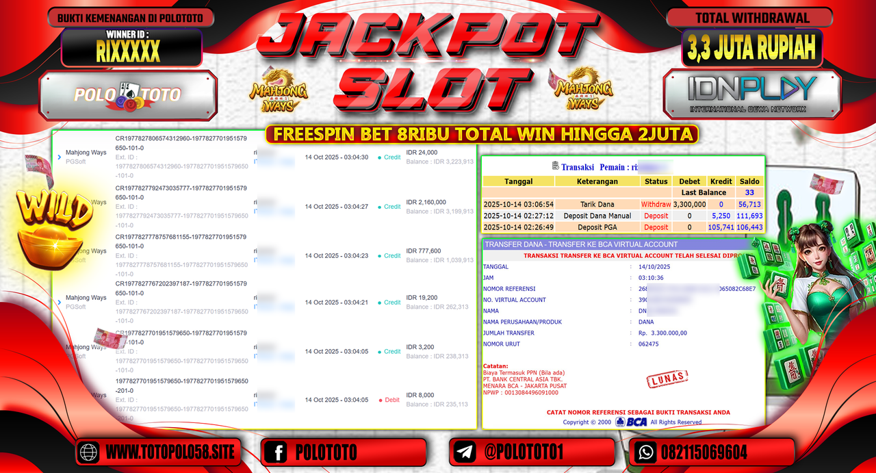 POLOTOTO JACKPOT SLOT MAHJONG WAYS Rp.3.300.000,- LUNAS