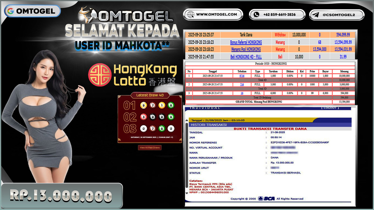 OMTOGEL JACKPOT HONGKONG 4D 3D 2D 13 JUTA DI BAYAR LUNAS ,-