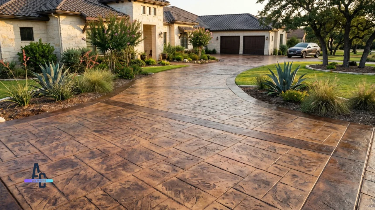 Stamped and stained decorative concrete driveway design options in San Antonio