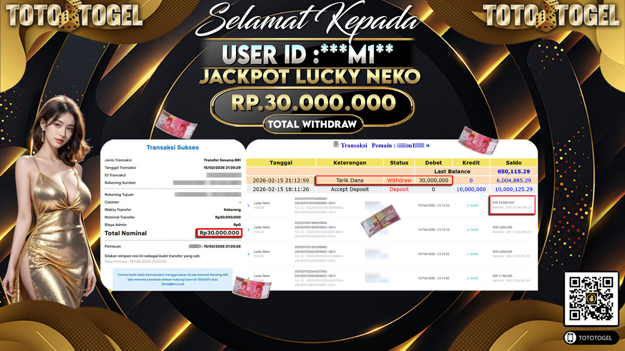 Bukti Pembayaran Jackpot Permainan Slot Lucky Neko ID:***M1**LUNAS