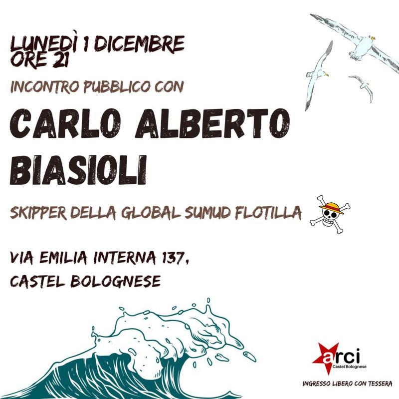 Lunedì 1 dicembre al Circolo ARCI arriva Carlo Alberto Biasioli, skipper della Global Sumud Flotilla