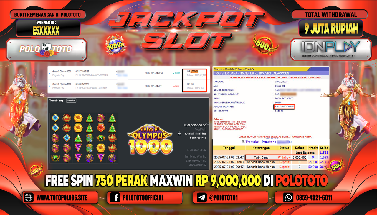 POLOTOTO JACKPOT SLOT GATES OF OLYMPUS 1000 Rp.9.000.000,-LUNAS