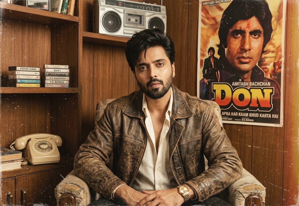 AI-generated example result for the Creative Images prompt: Retro Bollywood Inspired Indoor Portrait by Prompt Craft