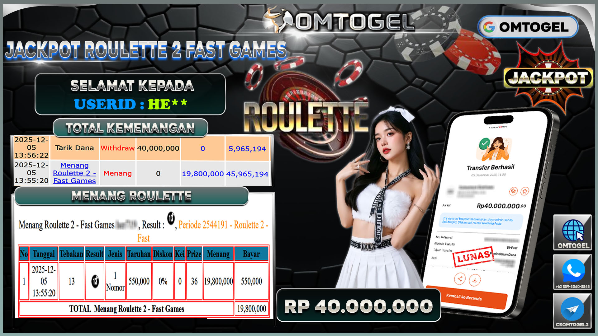 OMTOGEL JACKPOT LIVE GAMES ROULETTE  ,40 JUTA DI BAYAR LUNAS ,-