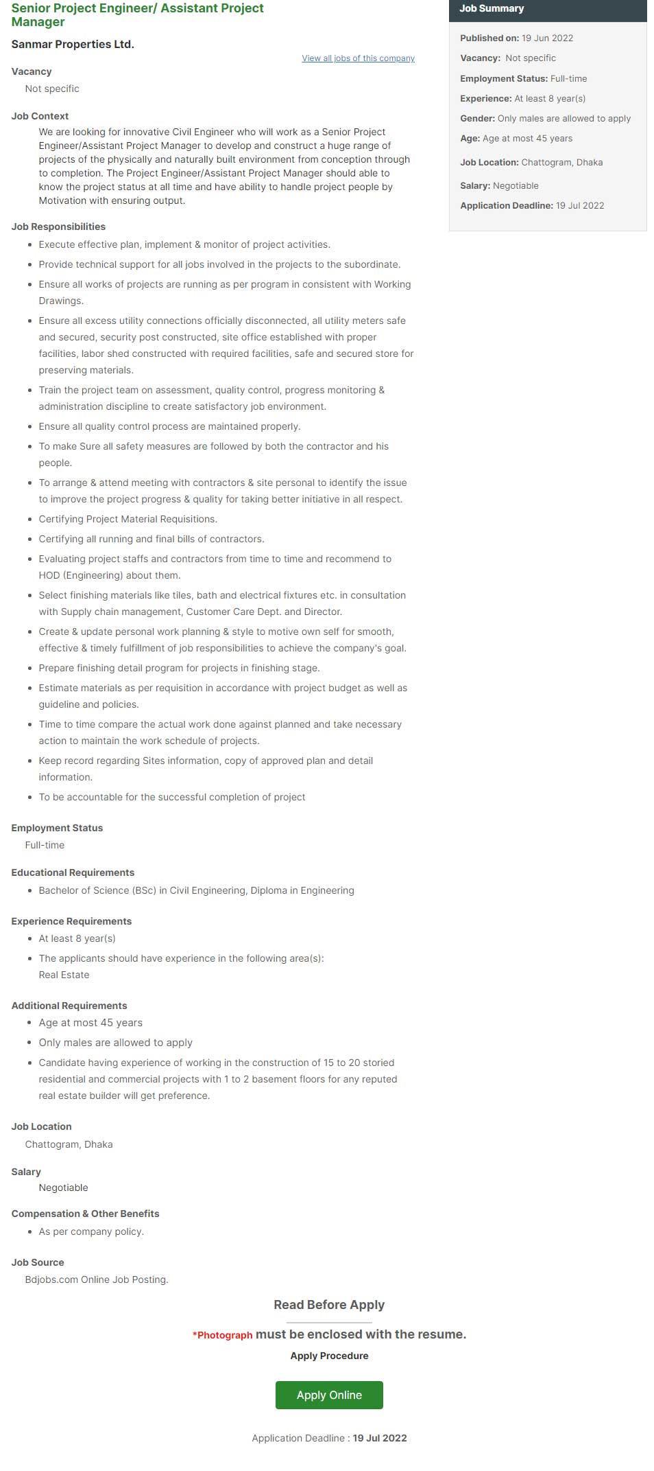 Senior Project Engineer Sanmar Properties Ltd Job circular 2022