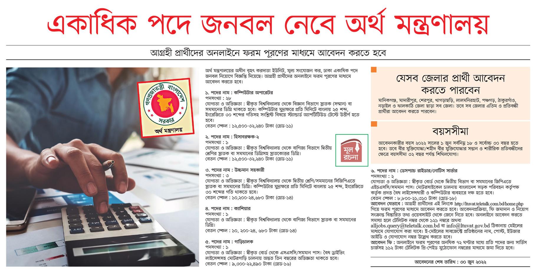 অর্থ মন্ত্রালয়ে বিশাল নিয়োগ বিজ্ঞপ্তি ২০২২