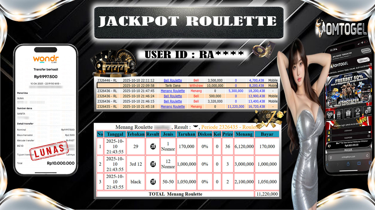 OMTOGEL JACKPOT LIVE GAMES ROULETTE 10 JUTA DI BAYAR LUNAS ,-