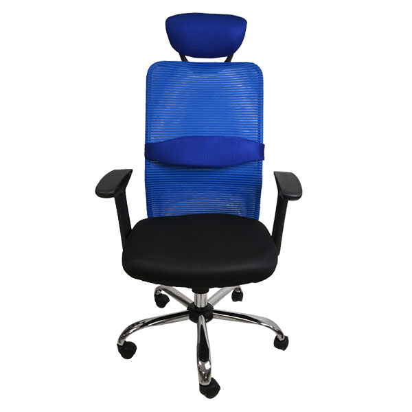 Sillón ejecutivo con respaldo de malla negro, asiento acolchado, soporte lumbar y reposacabezas ajustables.