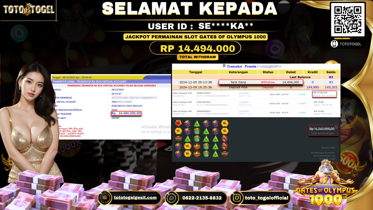 Bukti Pembayaran Jackpot Permainan Slot Gates Of Olympus 1000 ID: SE****KA** LUNAS