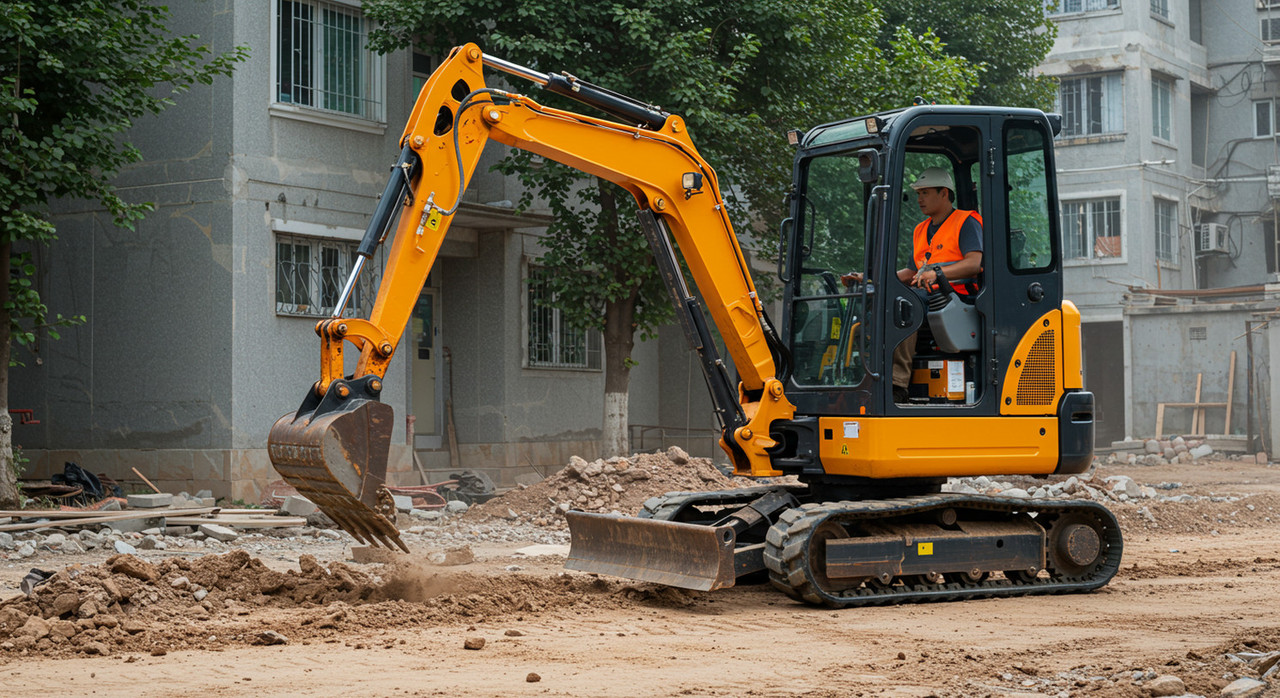Компактный экскаватор выполняет земляные работы в ограниченном городском пространстве