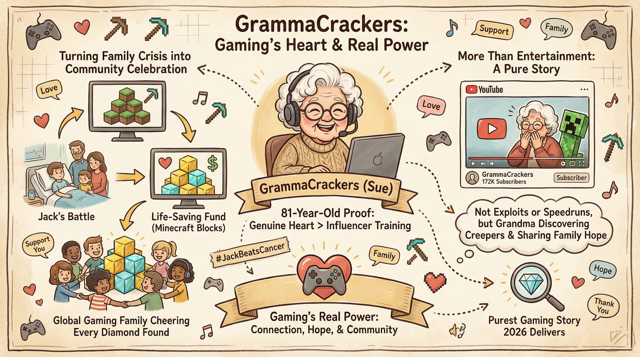 81-Year-Old Grandma's Minecraft Channel Funds Grandson's Cancer Fight 1 Elderly woman smiling at computer screen playing Minecraft with family