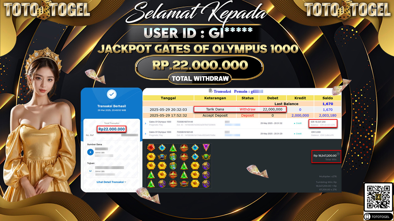 Bukti Pembayaran Jackpot Permainan Slot Gates Of Olympus 1000 ID:GI***** LUNAS