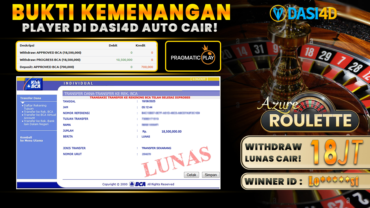 BUKTI KEMENANGAN 18 JUNI 2025 DI AZURE ROULETTE WD 18 JUTA