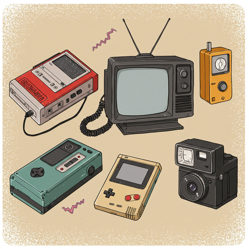 Uma montagem com vários aparelhos eletrônicos antigos: walkman, game boy, monitor de tubo e telefone de disco.