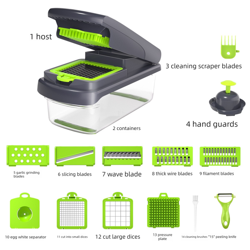 Green Multifunctional Vegetable Slicer – Manual Kitchen Cutter with Adjustable Blades for Slicing, Dicing, Shredding, Garlic Grinding, and Egg White Separation