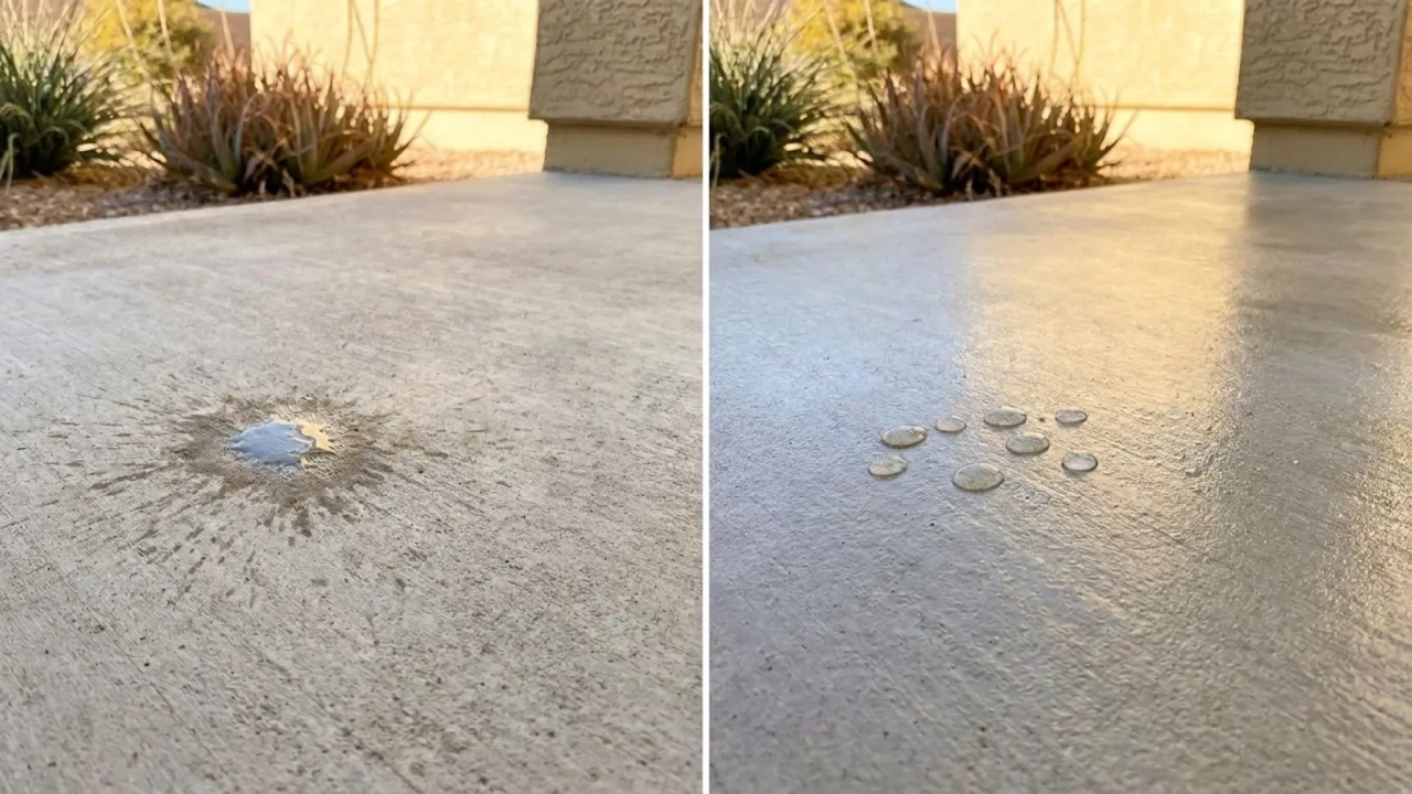 Close-up of water beading on a sealed concrete patio surface in San Antonio  water that beads like this means an old coating must be stripped before stain can soak into the slab