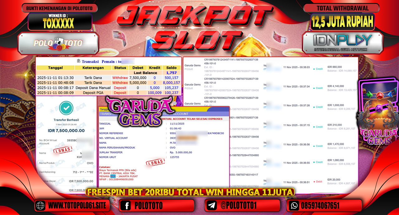 POLOTOTO JACKPOT SLOT GARUDA GEMS Rp.12.500.000,- LUNAS
