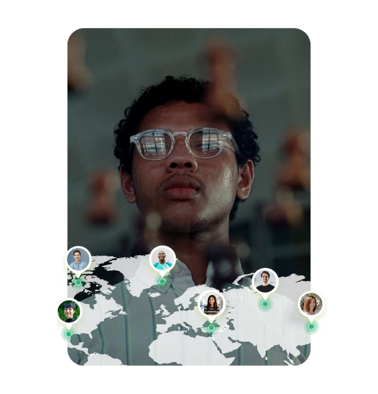 Man posing inside warm toned office and Nasen Works pipeline by demographic bar chart UI new