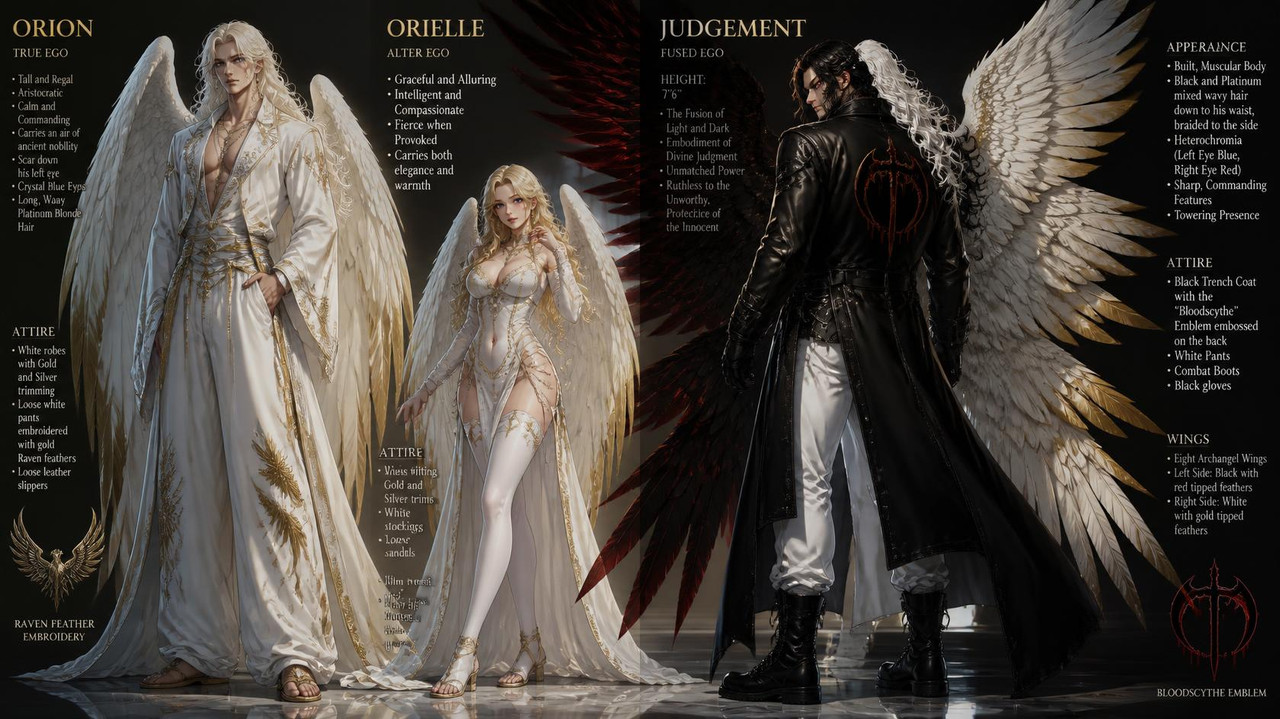 Orion is a tall male with White robes with Gold and silver trimming He has Loose white paints with