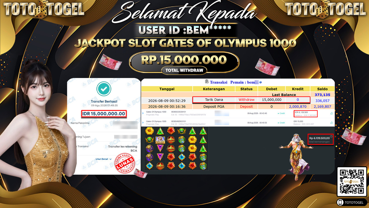 Bukti Pembayaran Jackpot SLOT GATES OF OLYMPUS 1000 ID:BEM**** LUNAS